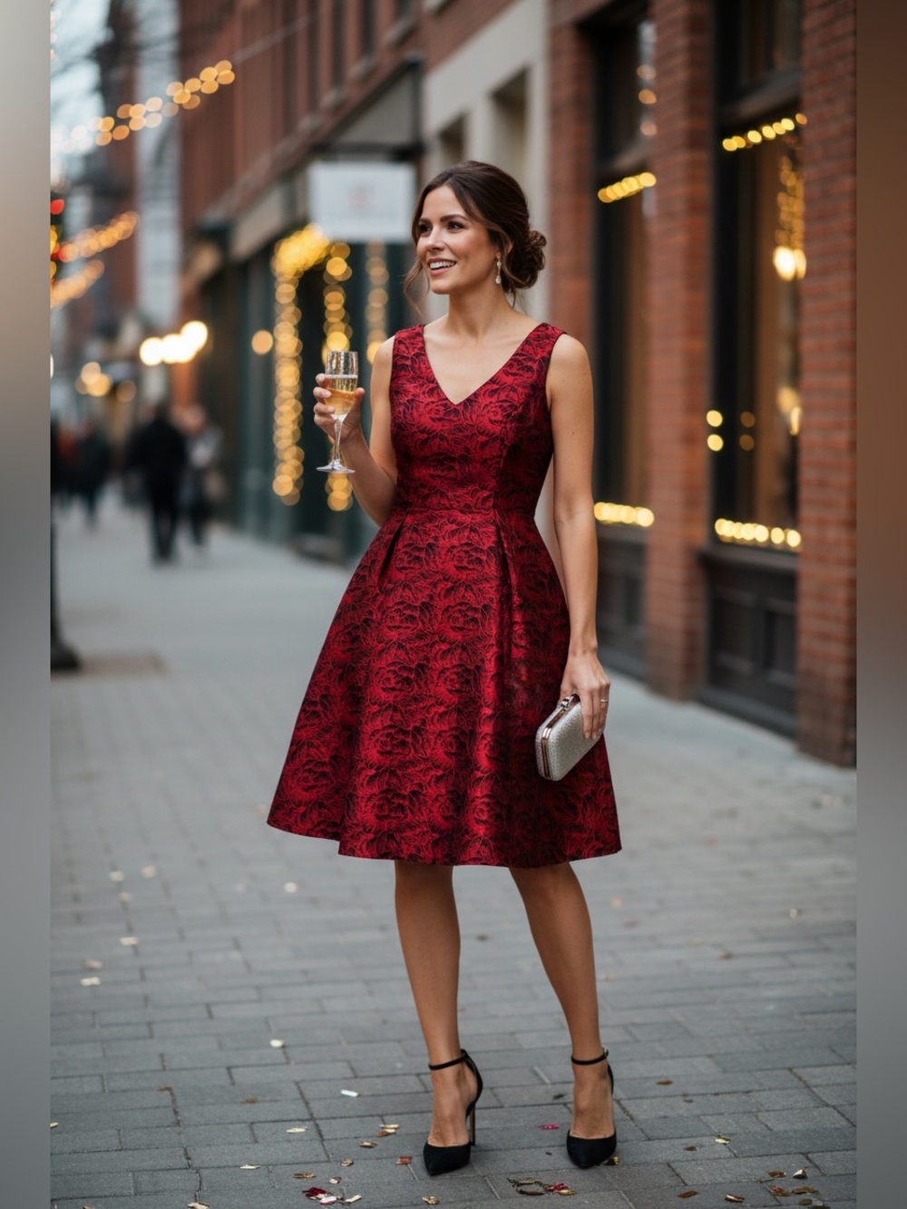 White House Black Market Rose Print Jacquard Fit and Flare Dress